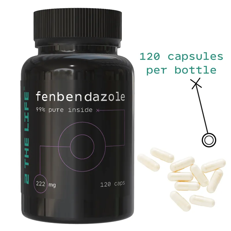 Fenbendazole 222mg capsule ingredients and dosage information — 2TheLife supplement facts panel showing 99% pure compound