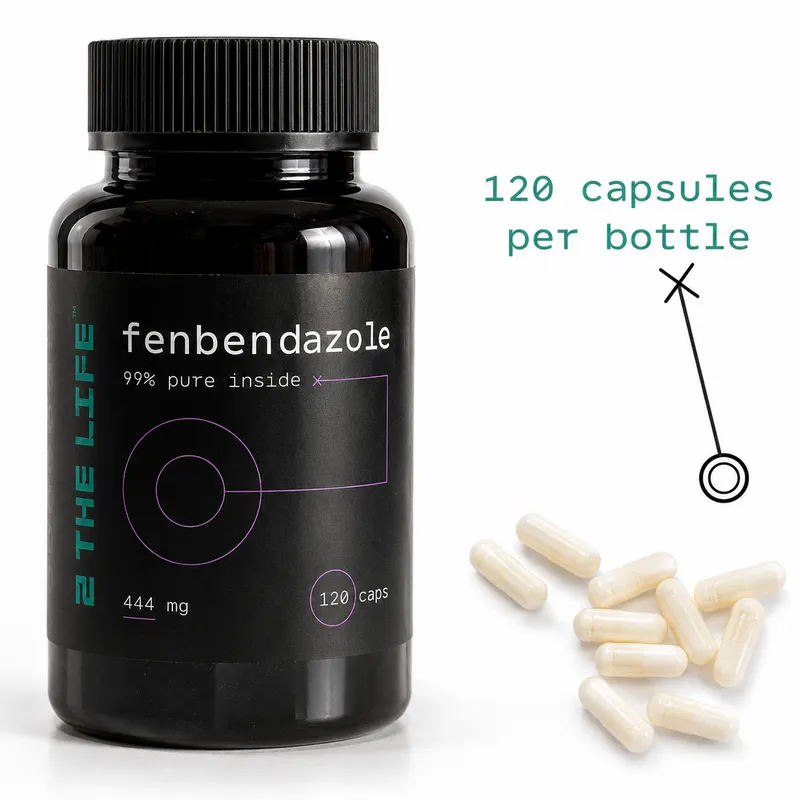 Fenbendazole 444mg capsule bottle by 2TheLife — high-dose Joe Tippens protocol, 120 count, lab-tested antiparasitic